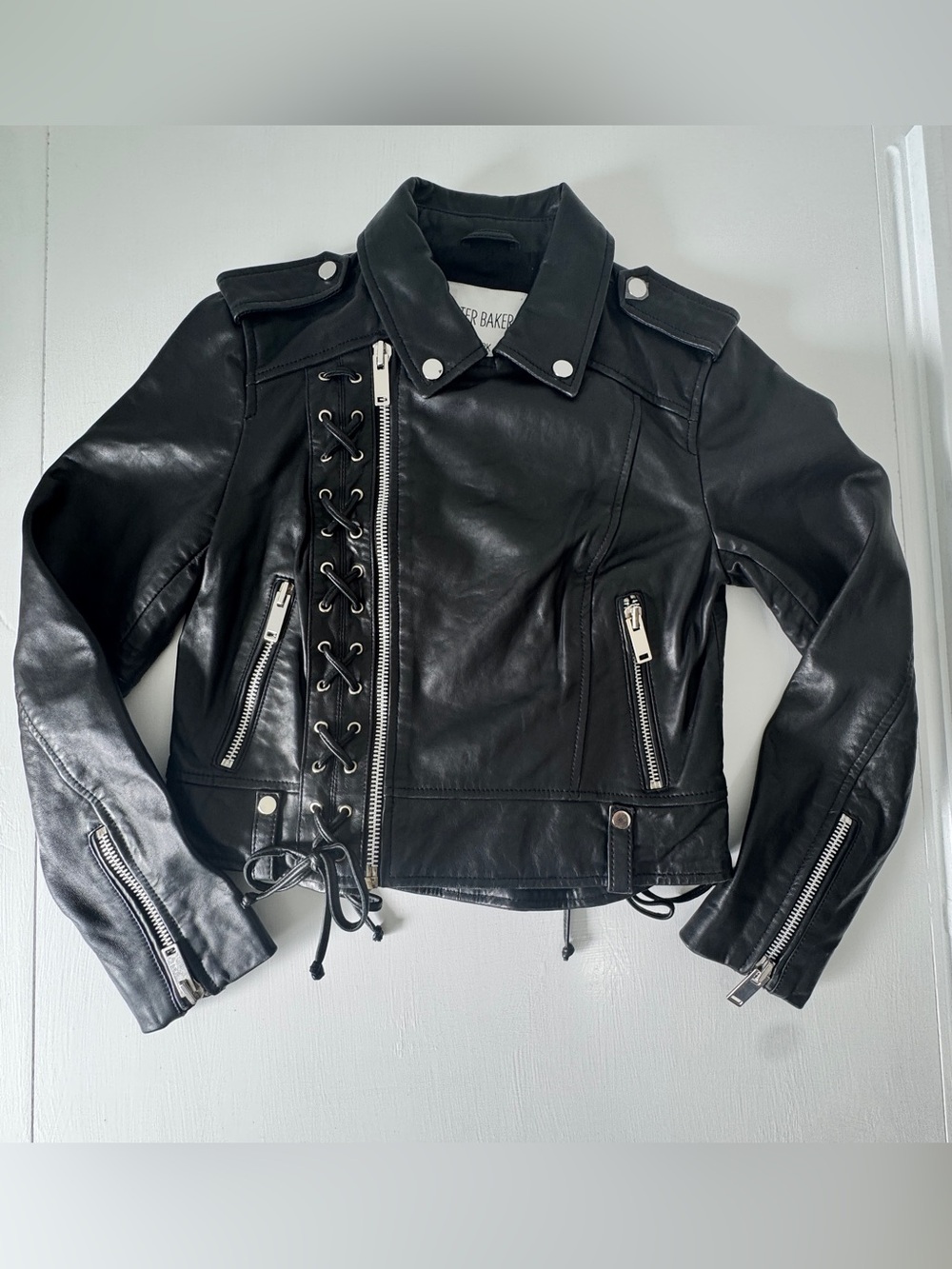 Walter Baker AnnaRae Black Leather Lace Up Moto Jacket Size S NWOT